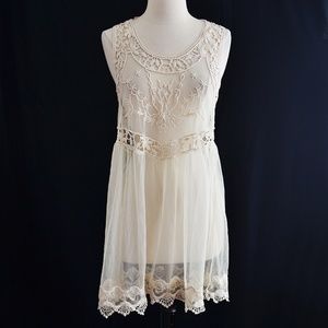 Ivory Sheer Embroidery Lace Layering Dress Size M